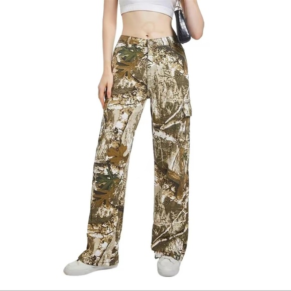 Women Camouflage Camo Jeans High Waist Straight Leg Cargo Pocket Denim Pants Y2K - Picture 1 of 7
